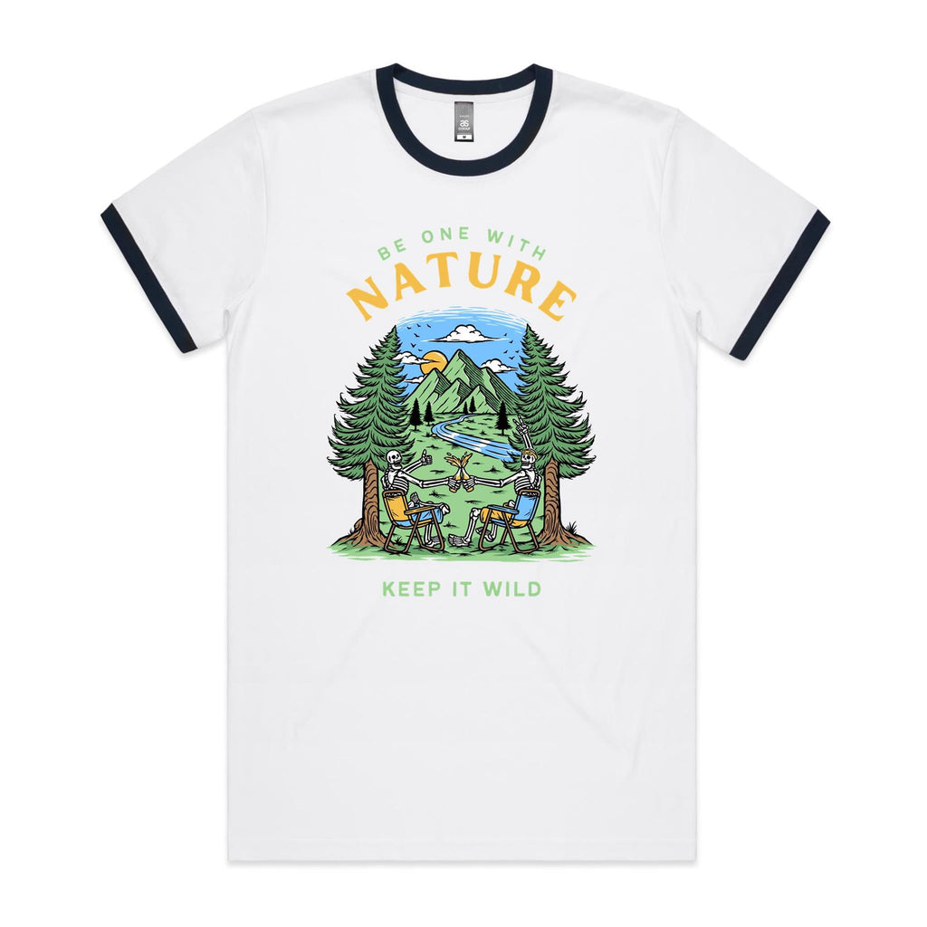 Be One With Nature, Skeleton - Staple Ringer Tee White Navy Ringer T-Shirt Printed In Australia