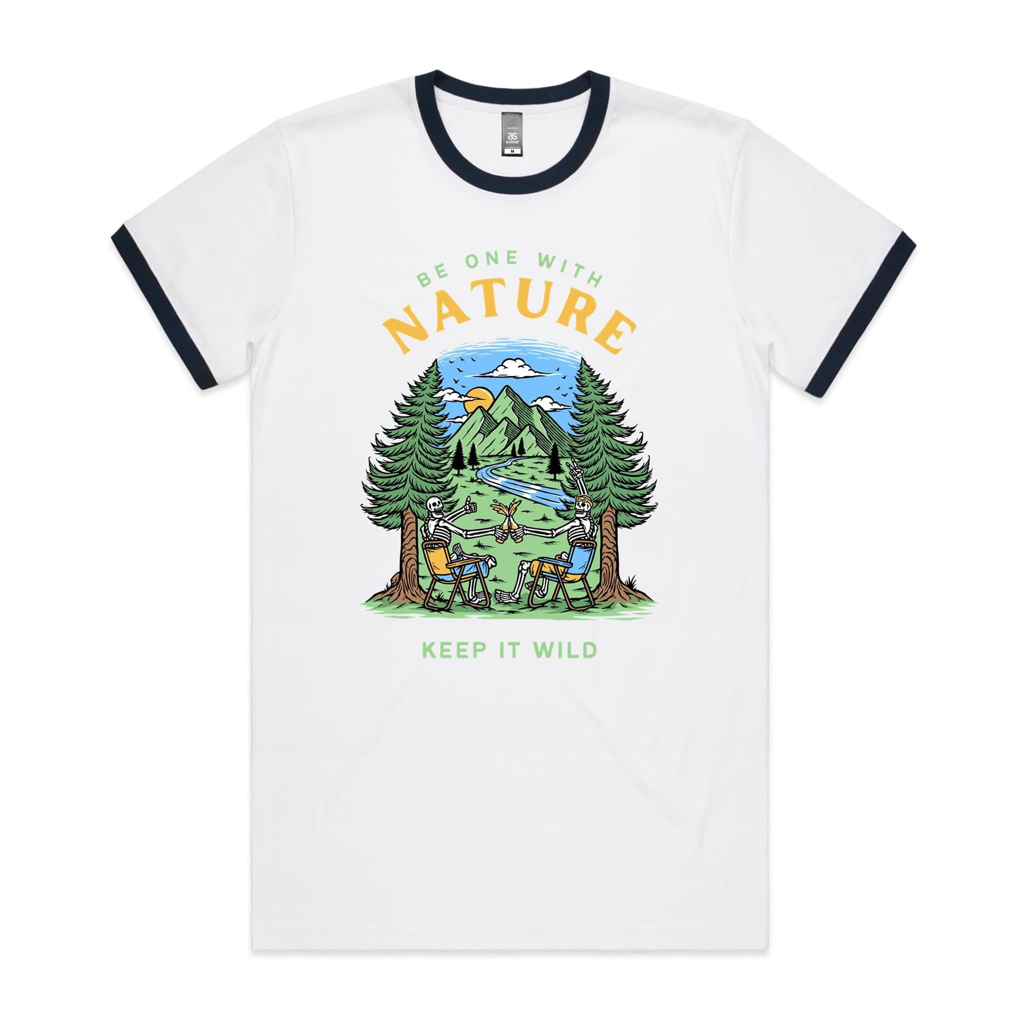 Be One With Nature, Skeleton - Staple Ringer Tee White Navy Ringer T-Shirt Printed In Australia