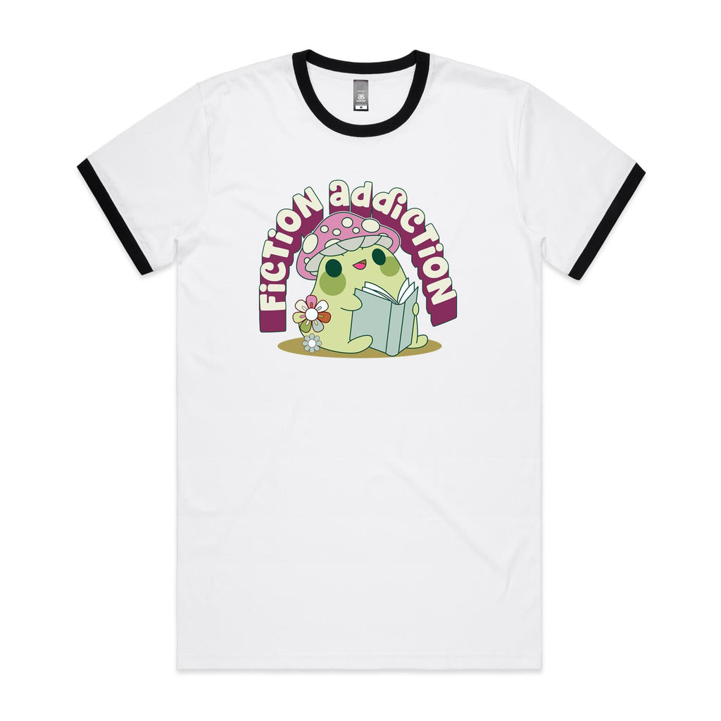 Fiction Addiction - Staple Ringer Tee White Black Ringer T-Shirt Printed In Australia Reading