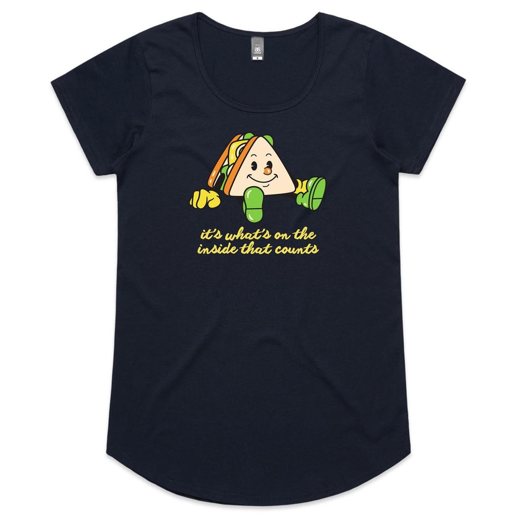 Sandwich, It's What's On The Inside That Counts - Womens Scoop Neck T-Shirt Navy Womens Scoop Neck T-shirt Food Positivity Printed In Australia
