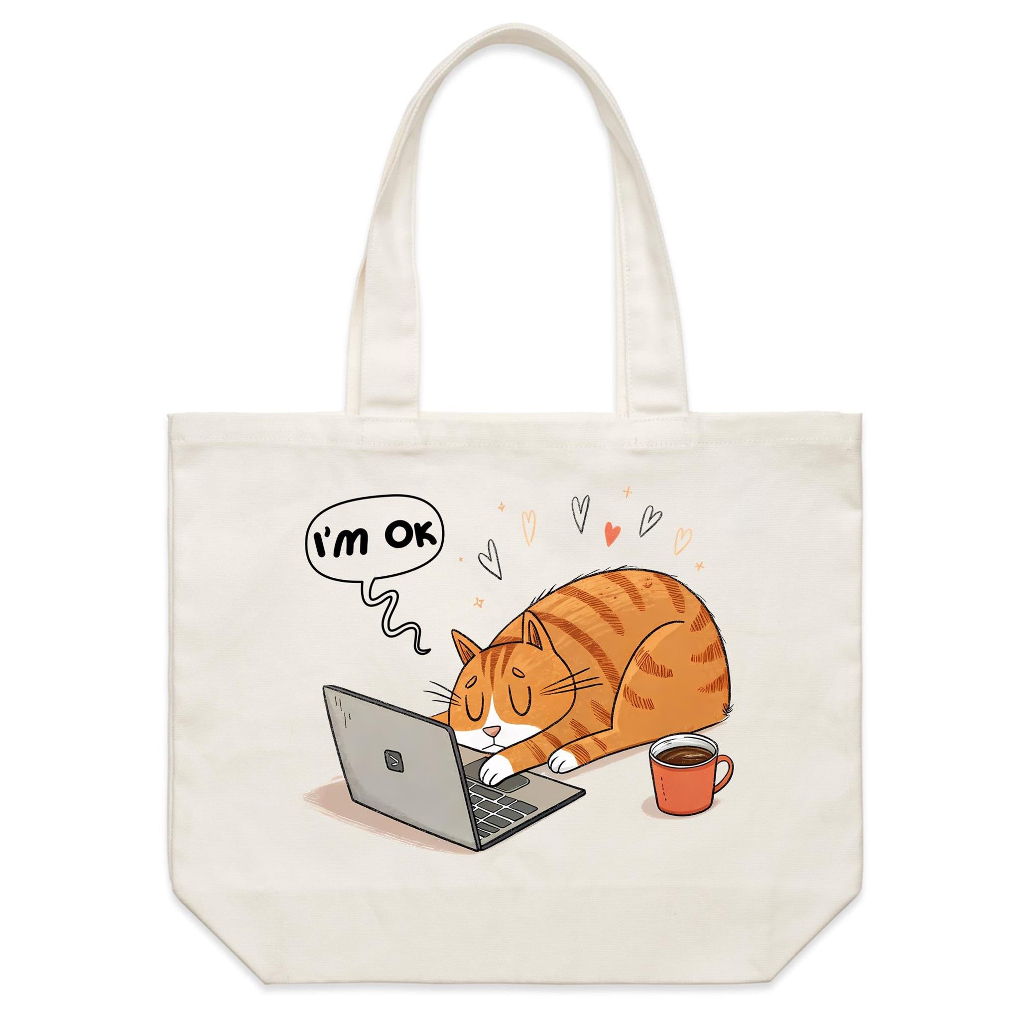 Cat Laptop, I'm OK - Shoulder Canvas Tote Bag Default Title Large Tote Bag animal Printed In Australia Tech