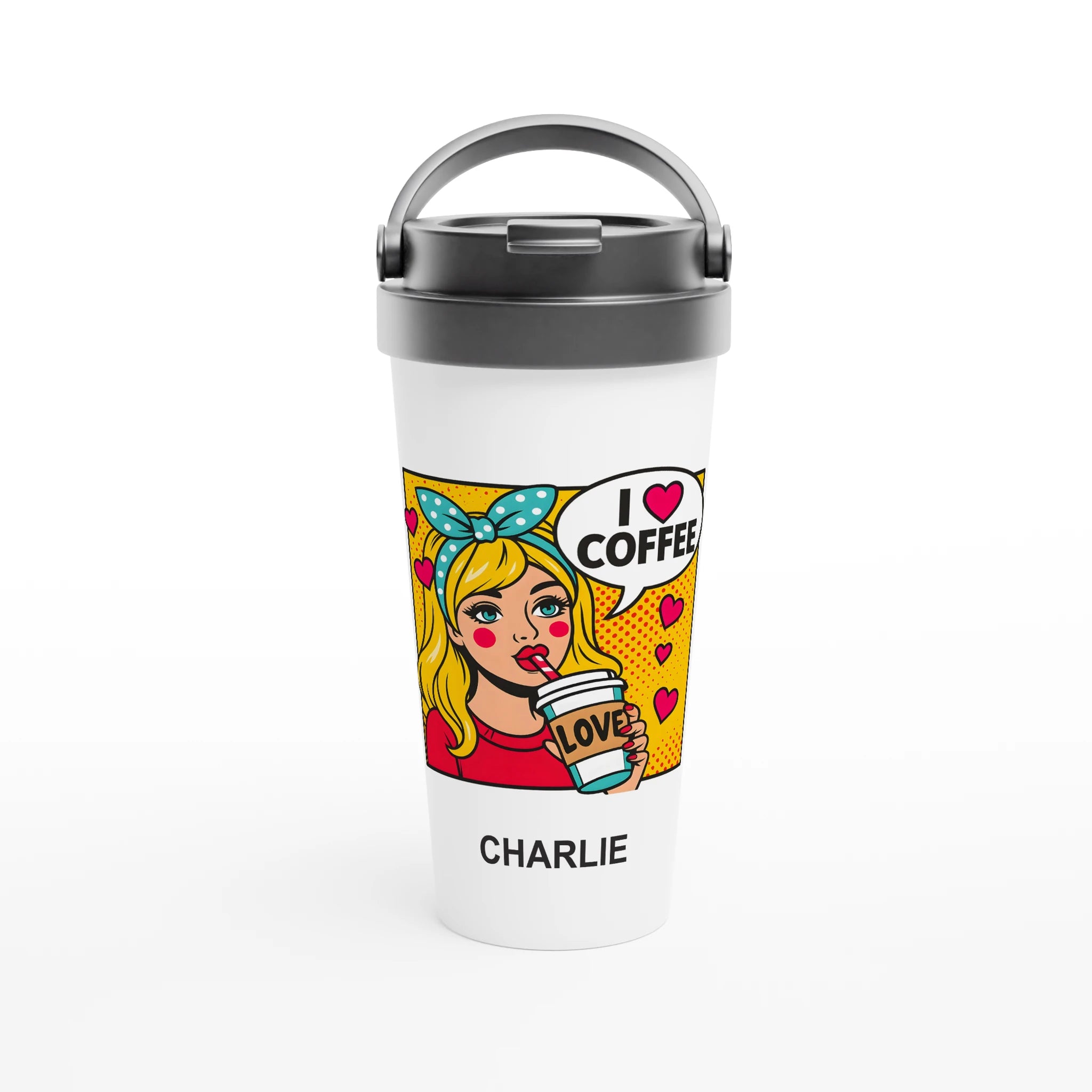 Personalised - I Love Coffee, Retro Pop Art - White 15oz Stainless Steel Travel Mug Default Title Personalised Travel Mug Coffee comic Globally Fulfilled Retro