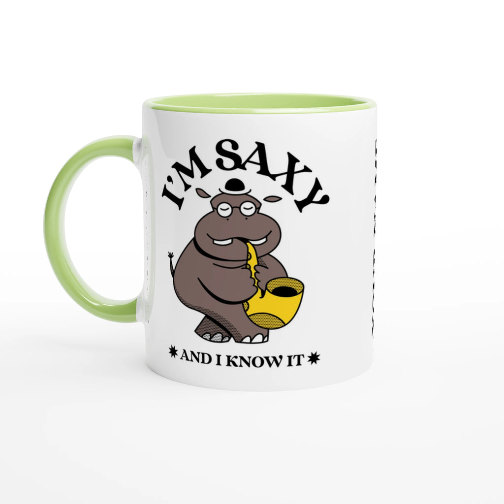 Personalised - I'm Saxy And I Know It, Saxophone Hippo - White 11oz Ceramic Mug with Colour Inside Ceramic Green Personalised 11oz Mug animal customise Globally Fulfilled Music personalise
