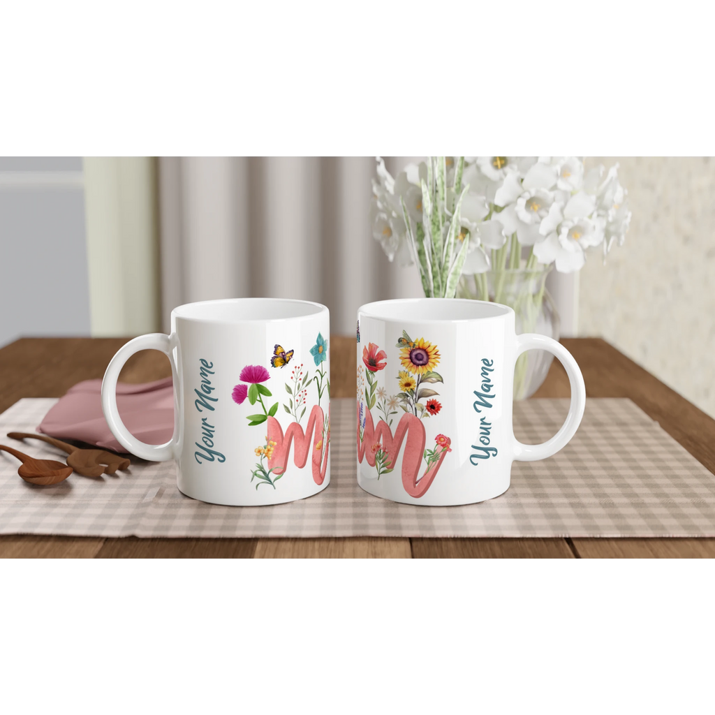 Personalised Mum With Flowers And Butterflies 11oz Ceramic Mug Ceramic White Personalised 11oz Mug Globally Fulfilled Mum