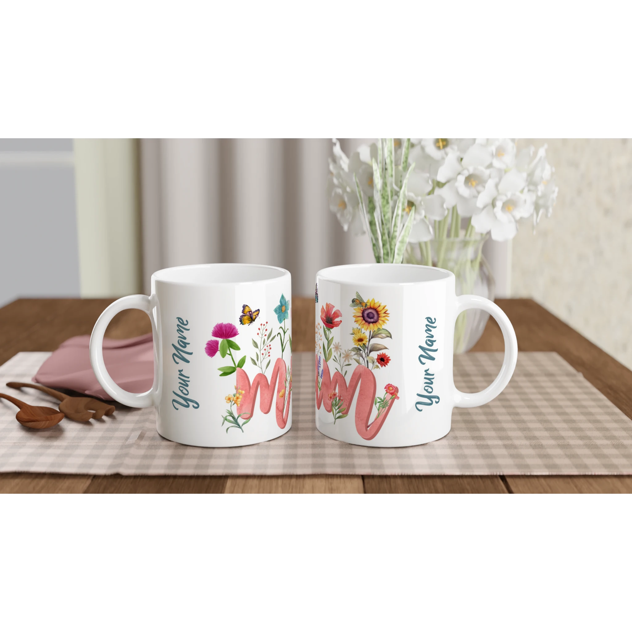 Personalised - Mum With Flowers And Butterflies - 11oz Ceramic Mug Ceramic White Personalised 11oz Mug Globally Fulfilled Mum