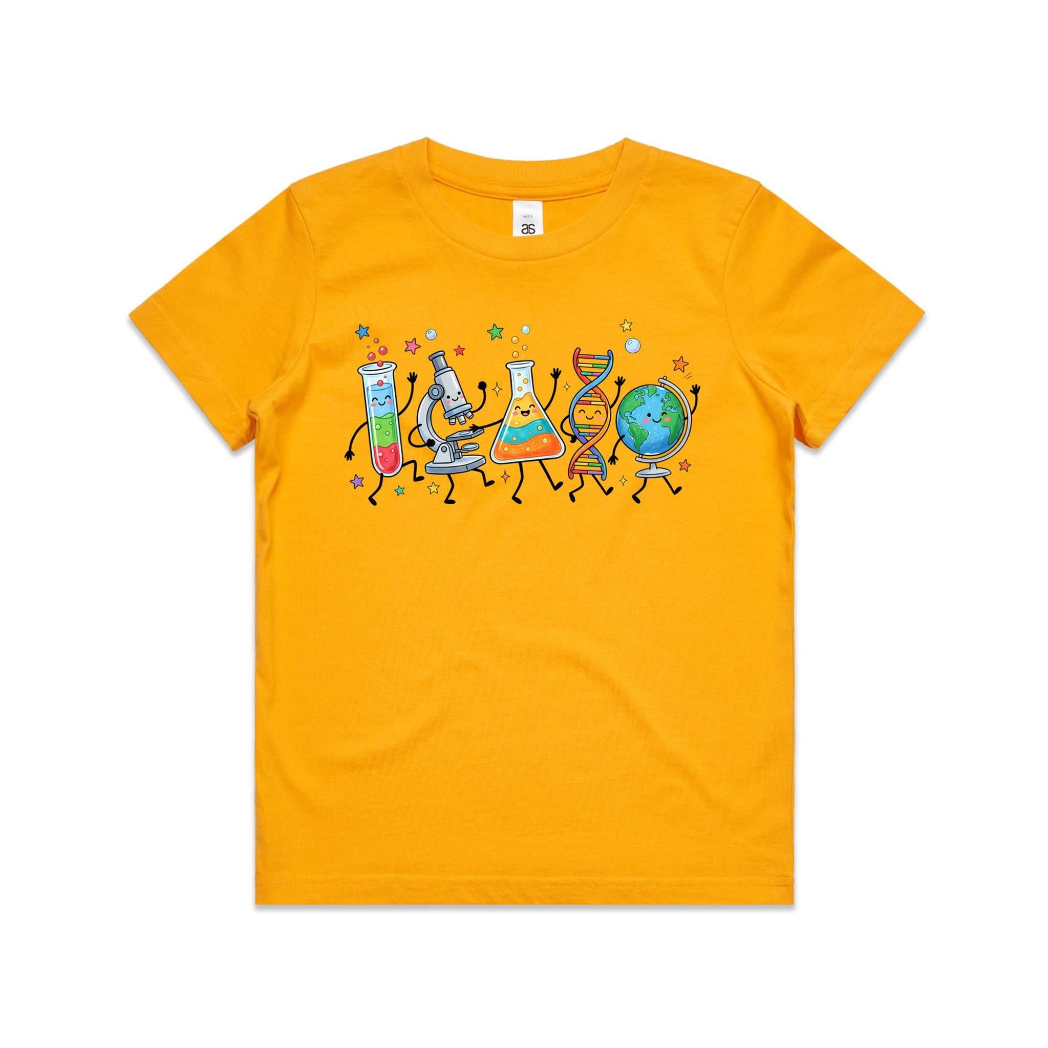 Science Characters Kids AS Colour T-shirt Gold Kids Youth T-shirt Printed In Australia Science