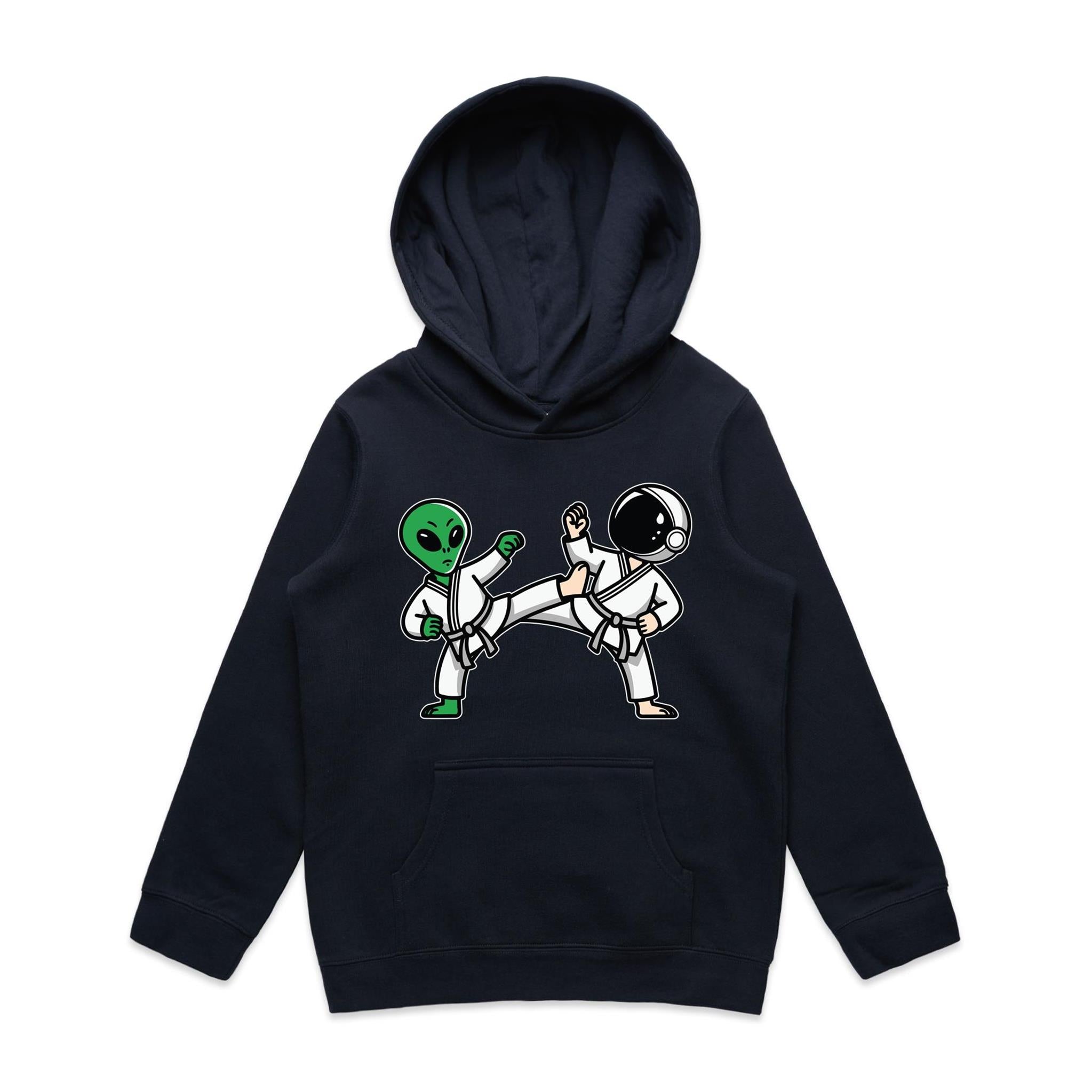 Alien And Astronaut Karate - Kids Hoodie Navy Kids Hoodie Printed In Australia