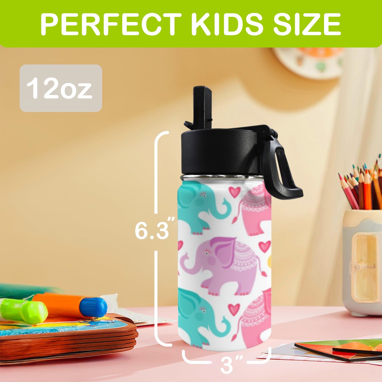 Cute Cartoon Elephant 12oz Kids Water Bottle with Straw Lid