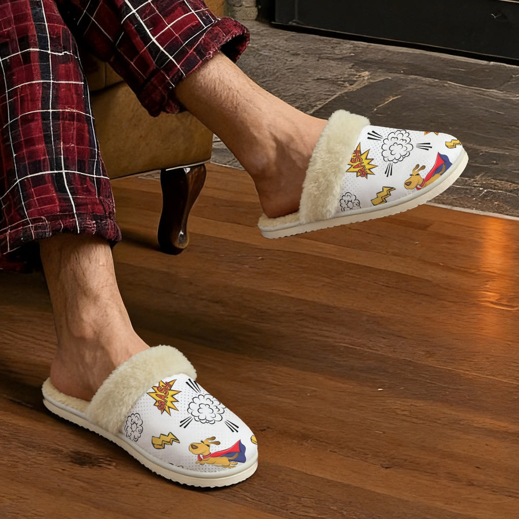 Super Dog Men's Fur Trim Thick-Sole Indoor Slippers Men's Fur Trimmed Slippers animal comic Printed Offshore