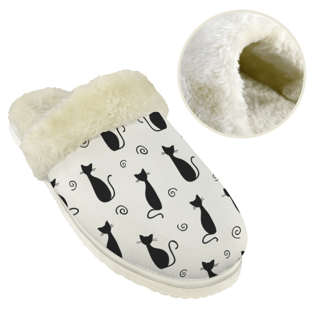 Black Cats Men's Fur Trim Thick-Sole Indoor Slippers Men's Fur Trimmed Slippers animal Printed Offshore