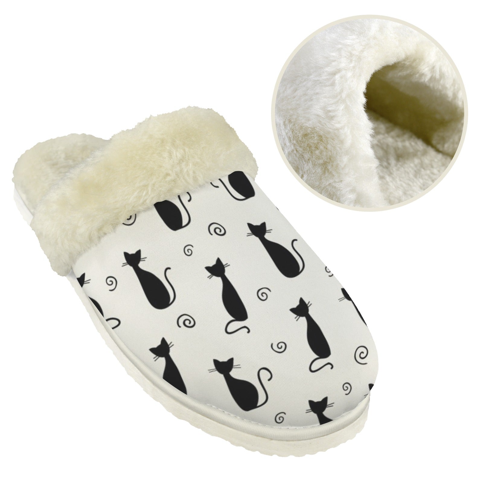 Black Cats Men's Fur Trim Thick-Sole Indoor Slippers Men's Fur Trimmed Slippers animal Printed Offshore