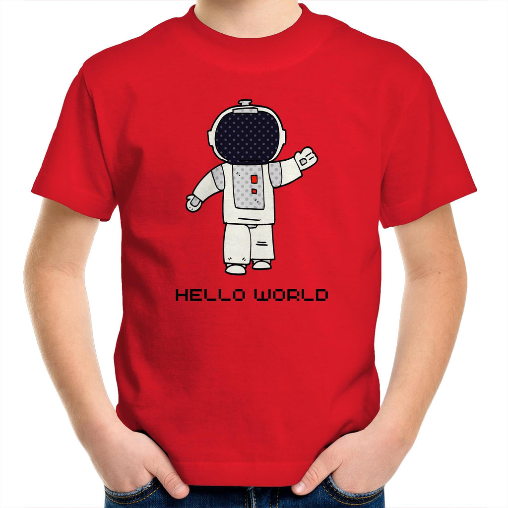 Astronaut, Hello World - Kids Youth T-Shirt Red Kids Youth T-shirt Printed In Australia Space