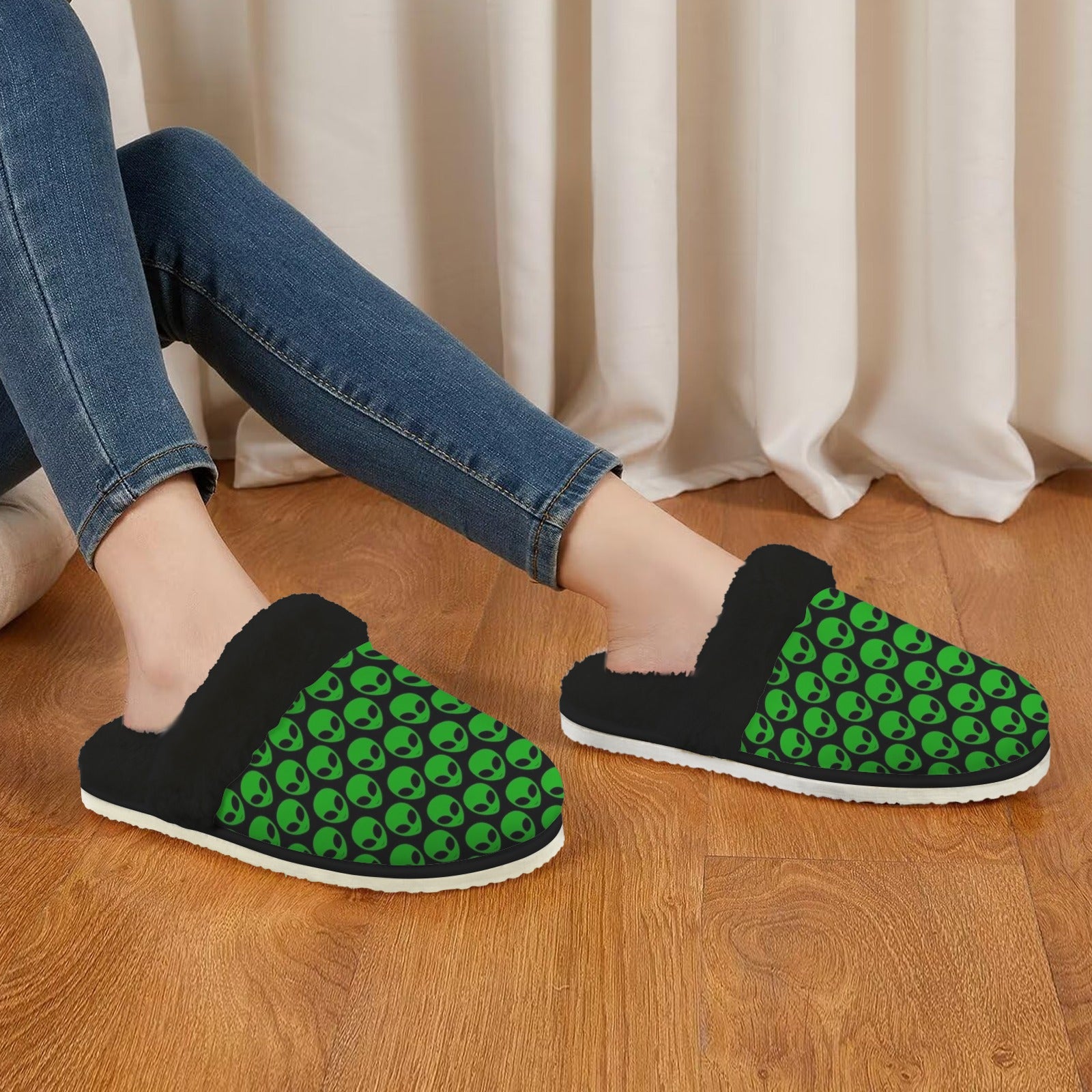Aliens Women's Fur Trim Thick-Sole Indoor Slippers Women's Fur Trimmed Slippers Printed Offshore Sci Fi