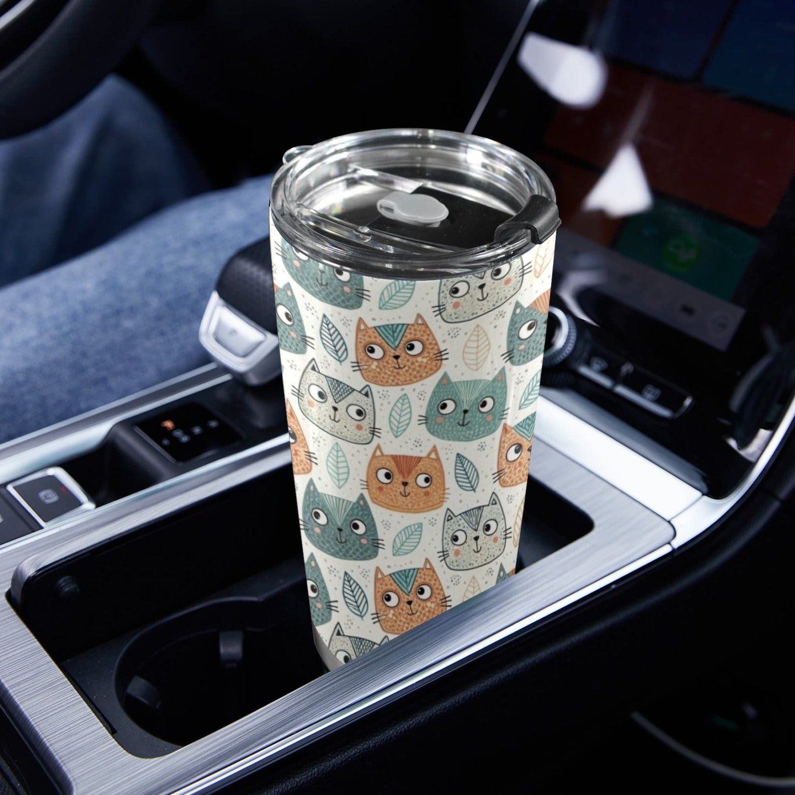Cute Cat Faces - 20oz Mobile Tumbler with Lid (Black Lock) 20oz Travel Mug animal Printed Offshore