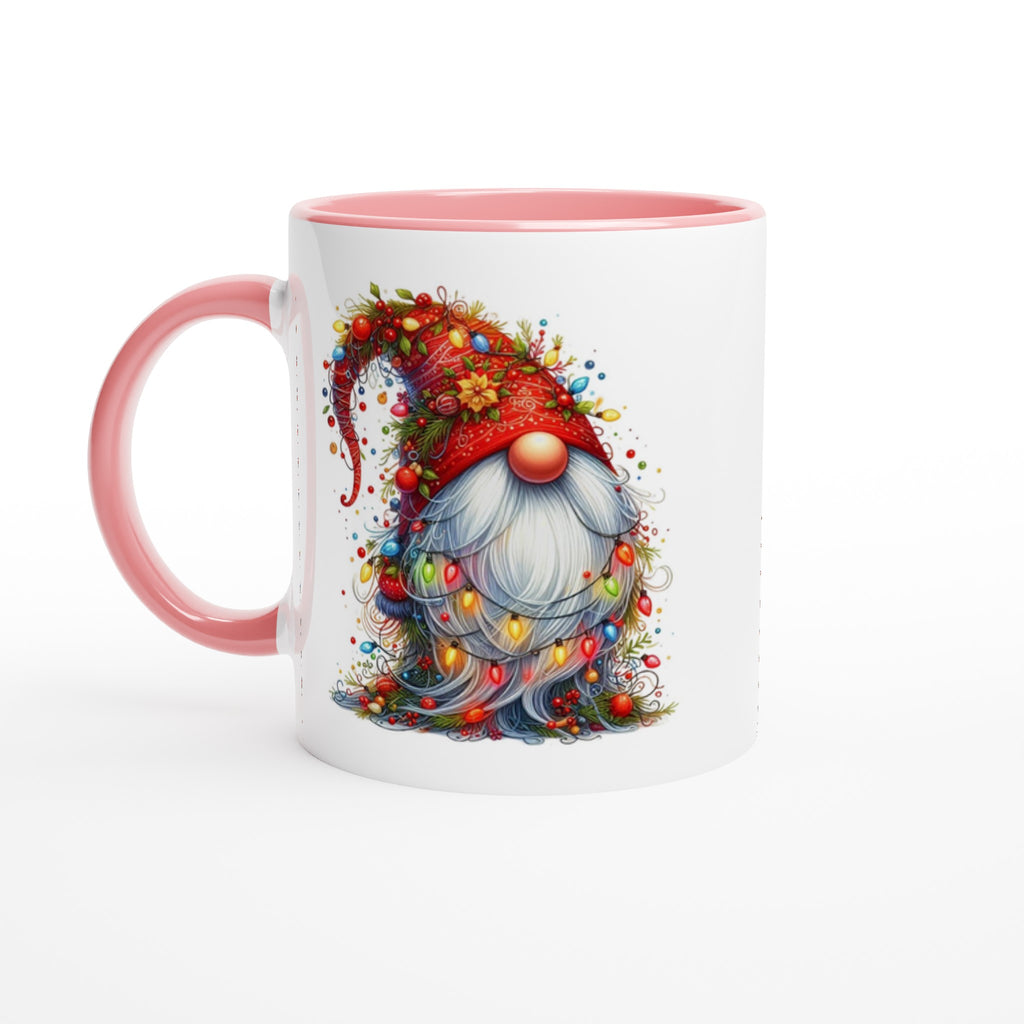 Christmas Gnome Wrapped In Lights - White 11oz Ceramic Mug with Colour Inside Ceramic Pink Christmas Colour Mug Christmas Globally Fulfilled