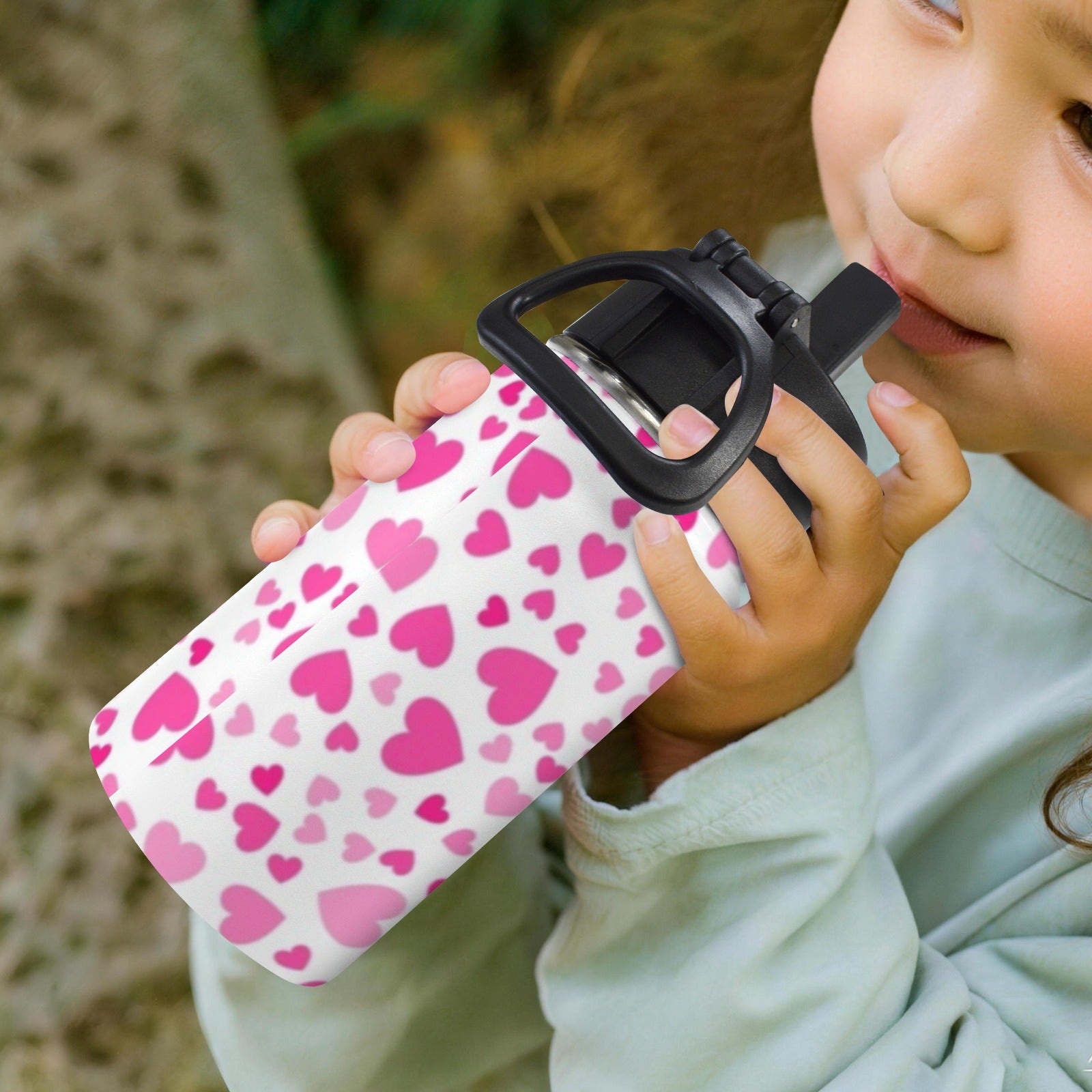 Pink Hearts On White 12oz Kids Water Bottle with Straw Lid