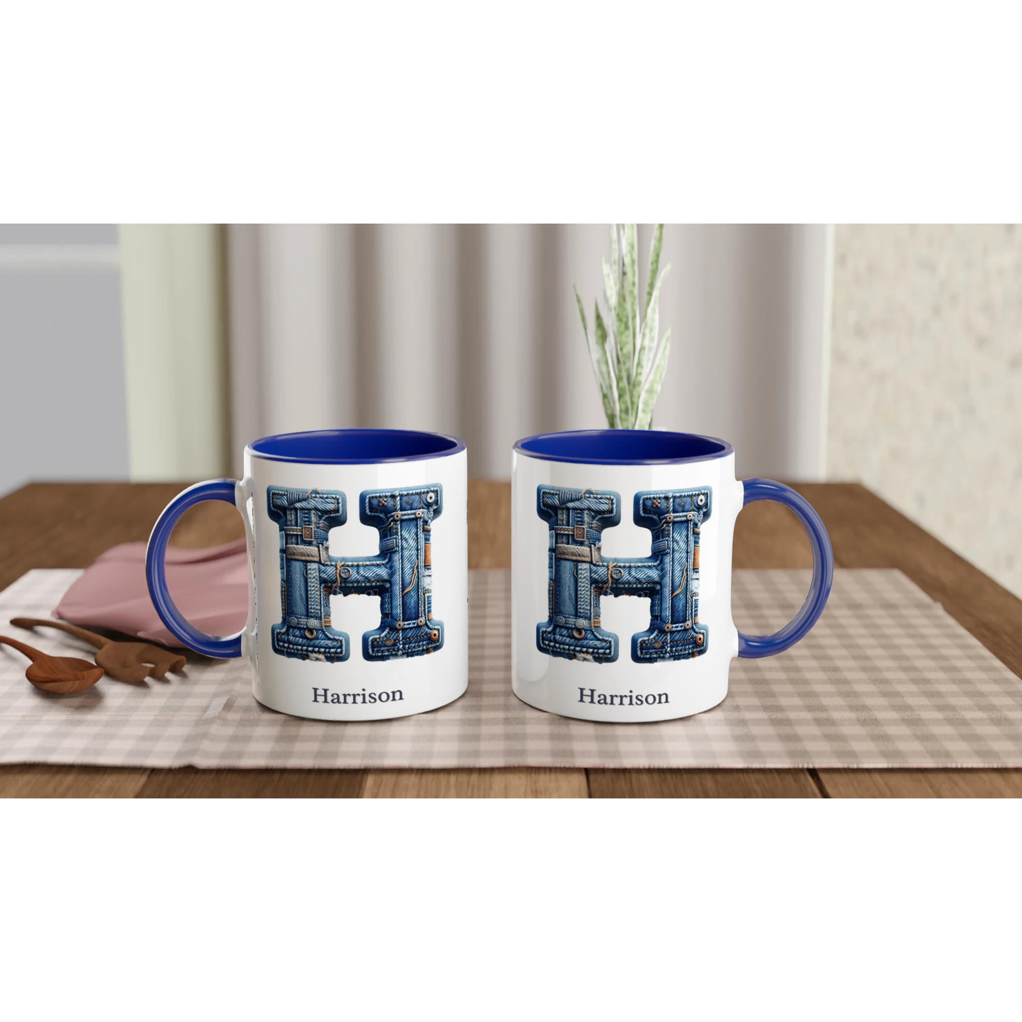 Blue Denim Initial - 11oz Ceramic Mug Personalised 11oz Mug customise Globally Fulfilled Initial Name personalise