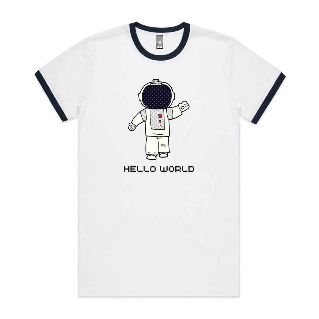 Astronaut, Hello World - Staple Ringer Tee White Navy Ringer T-Shirt Printed In Australia Space