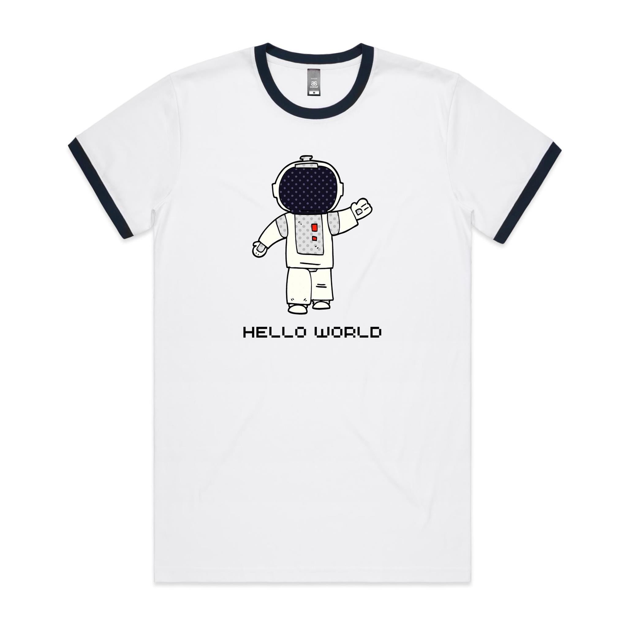 Astronaut, Hello World - Staple Ringer Tee White Navy Ringer T-Shirt Printed In Australia Space