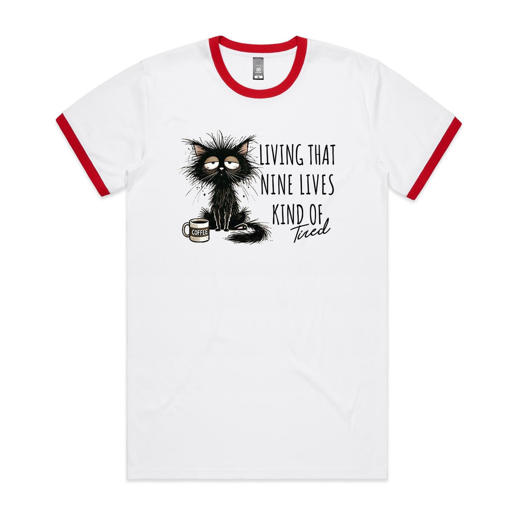 Living That Nine Lives Kind Of Tired, Frazzled Cat - Staple Ringer Tee White Red Ringer T-Shirt animal Coffee Printed In Australia