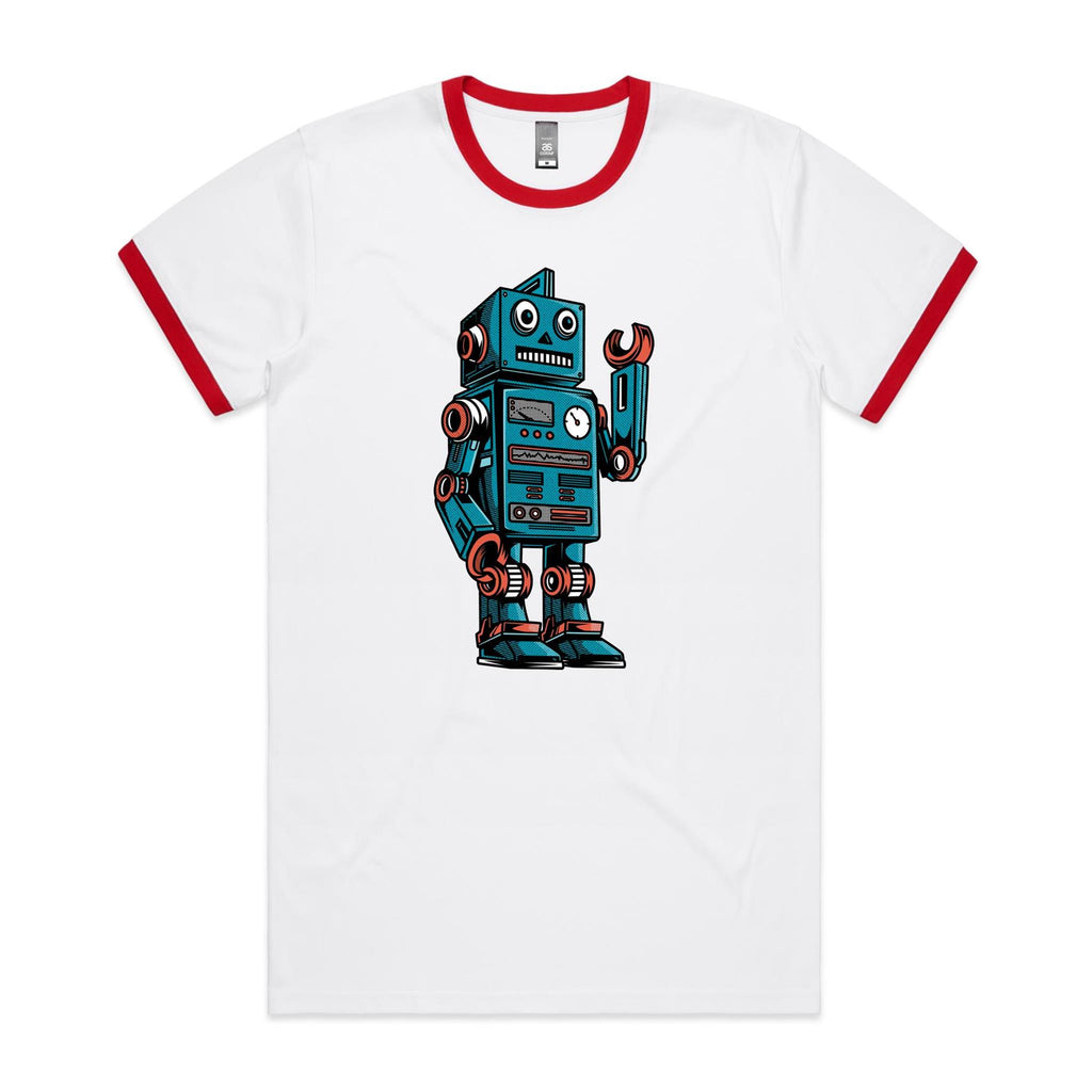 Robot - Staple Ringer Tee White Red Ringer T-Shirt Printed In Australia Sci Fi Tech
