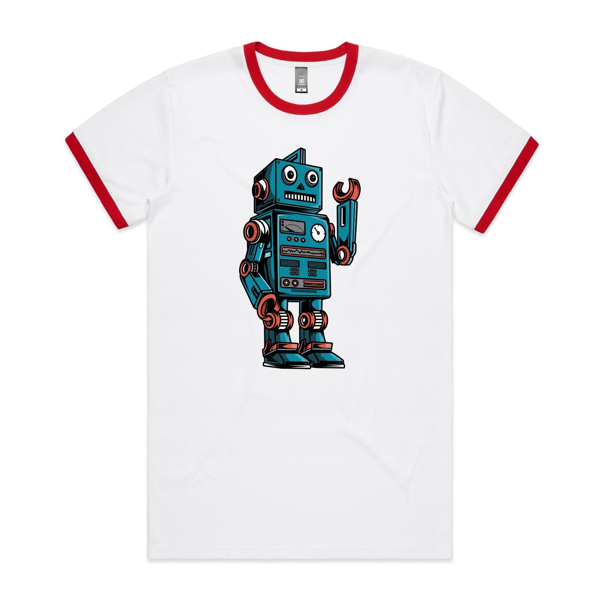 Robot - Staple Ringer Tee White Red Ringer T-Shirt Printed In Australia Sci Fi Tech