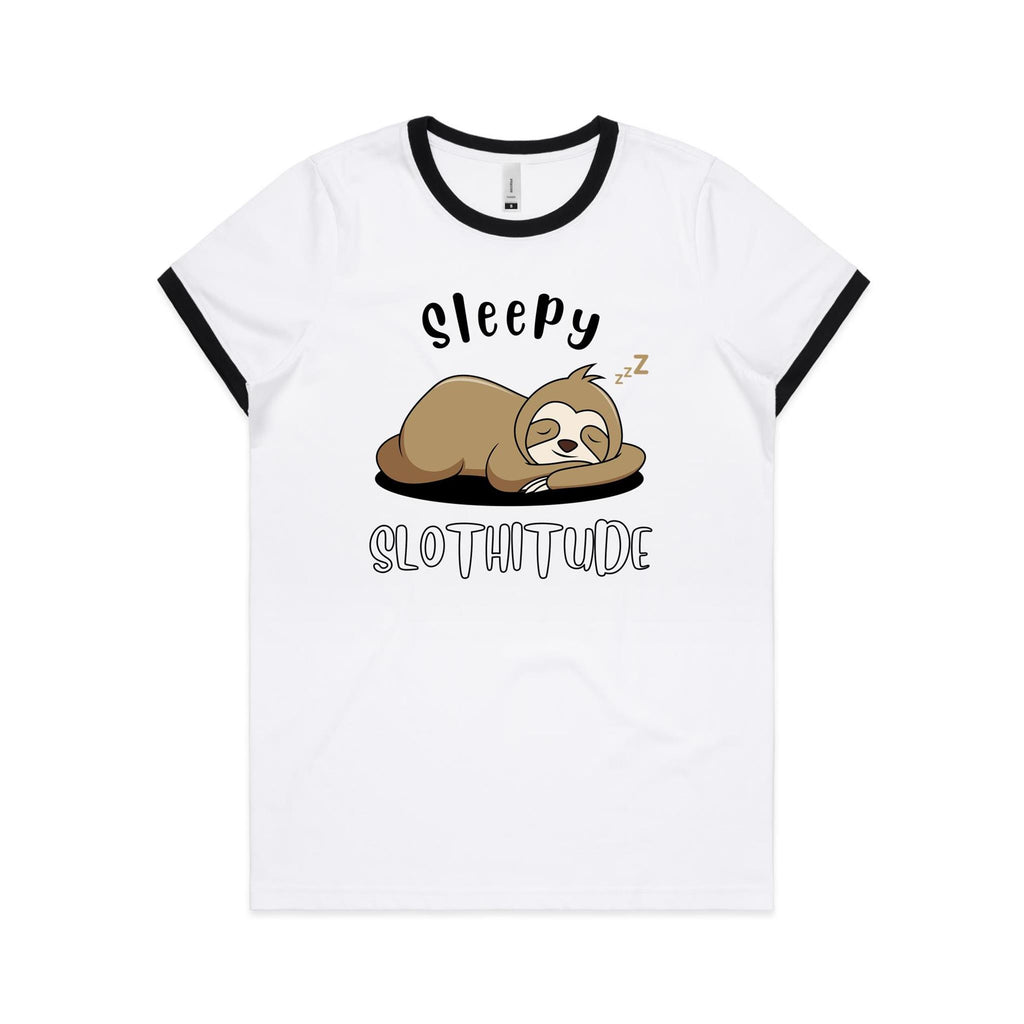 Sleepy Slothitude - Women's Ringer Tee White Black Womens Ringer T-shirt animal Printed In Australia