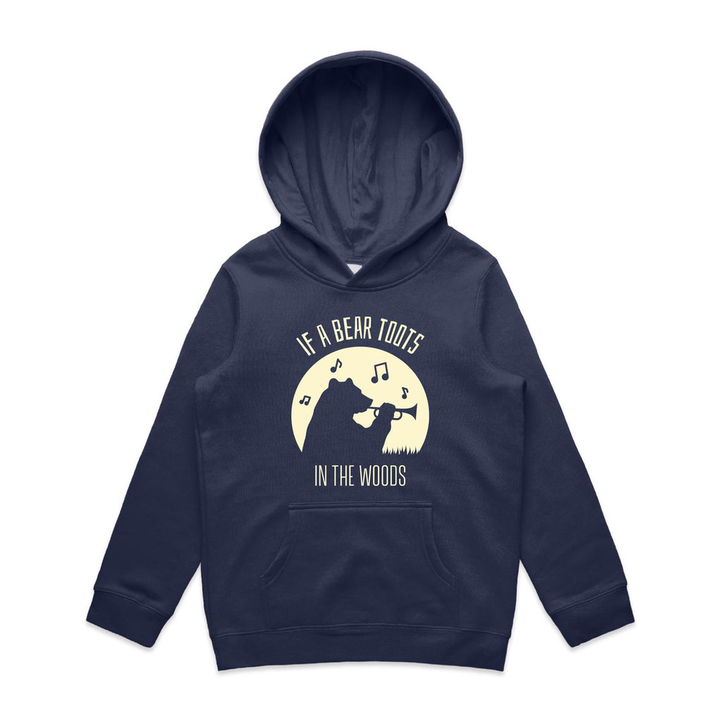 If A Bear Toots In The Woods, Trumpet Player - Kids Hoodie Midnight Blue Kids Hoodie Printed In Australia