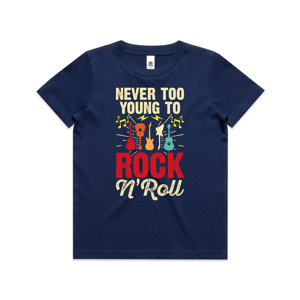 Never Too Young To Rock N Roll Kid's AS Colour T-shirt Cobalt Kids Youth T-shirt Music Printed In Australia