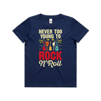 Never Too Young To Rock N Roll Kid's AS Colour T-shirt Cobalt Kids Youth T-shirt Music Printed In Australia