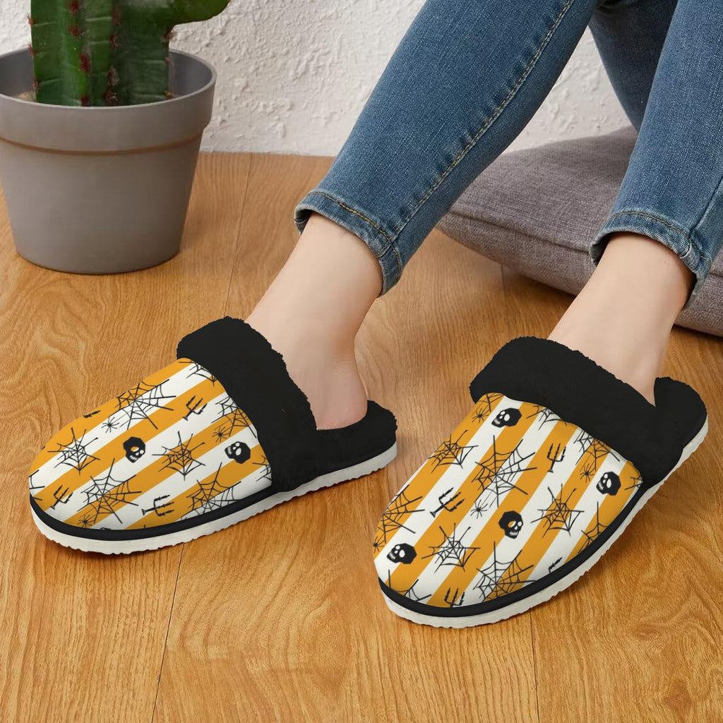 Halloween Stripe Women's Fur Trim Thick-Sole Indoor Slippers Women's Fur Trimmed Slippers Halloween Printed Offshore