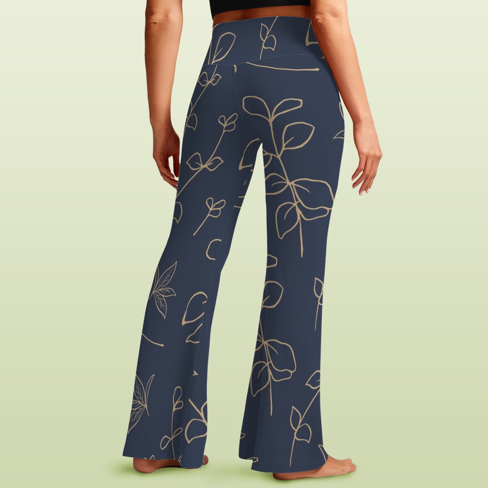 Gold Flowers On Navy High Waist Crossover Tummy Control Flare Leggings High Waist Flare Leggings Printed Offshore