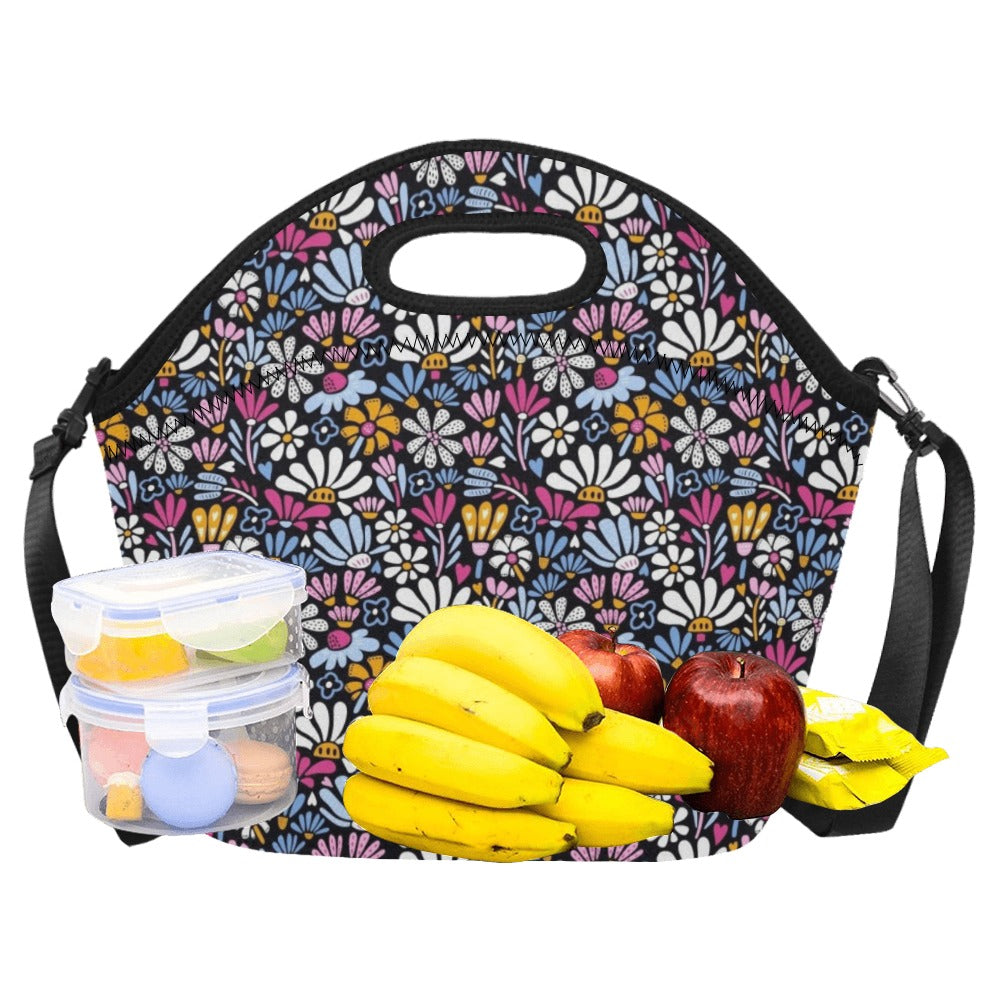Graphic Flowers On Black Neoprene Lunch Bag/Large (Model 1669) Neoprene Lunch Bag Plants Printed Offshore