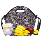 Graphic Flowers On Black Neoprene Lunch Bag/Large (Model 1669) Neoprene Lunch Bag Plants Printed Offshore