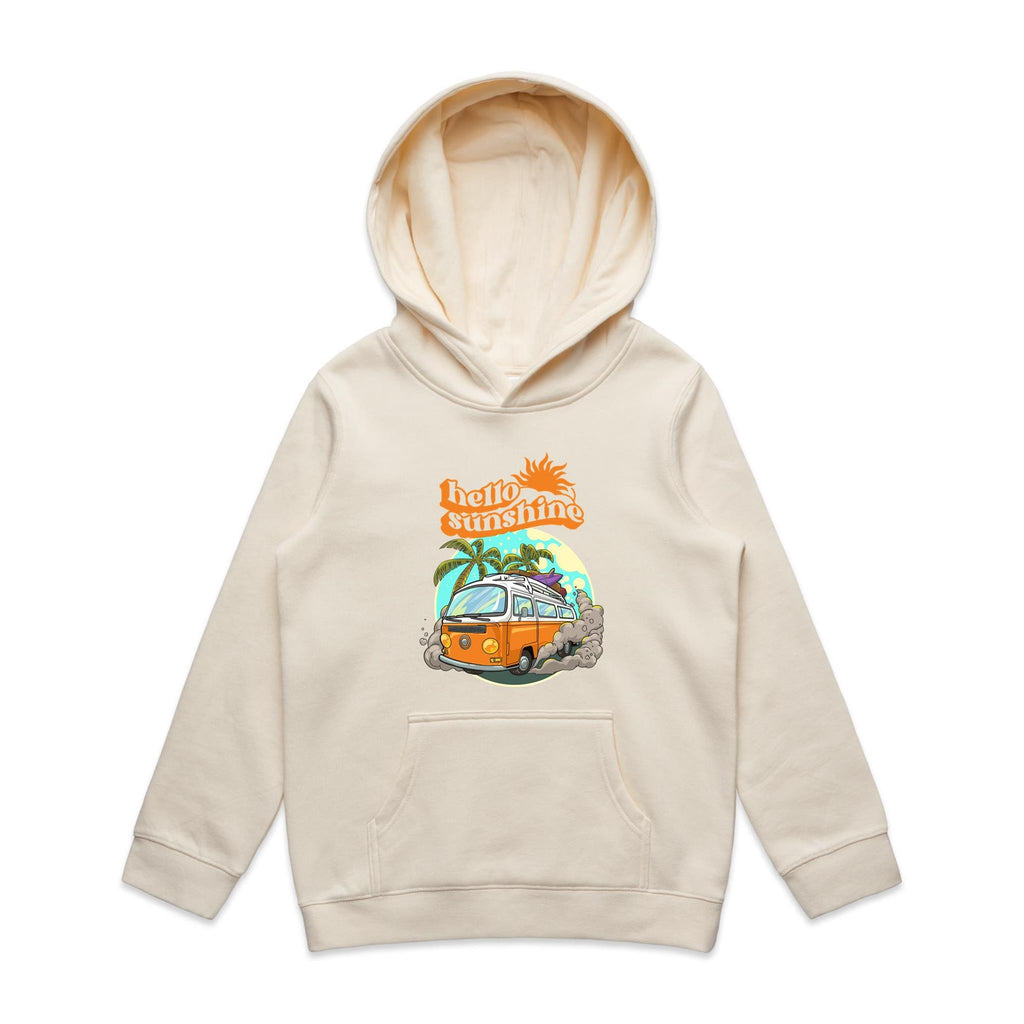 Hello Sunshine, Beach Van - Kids Hoodie Ecru Kids Hoodie Printed In Australia