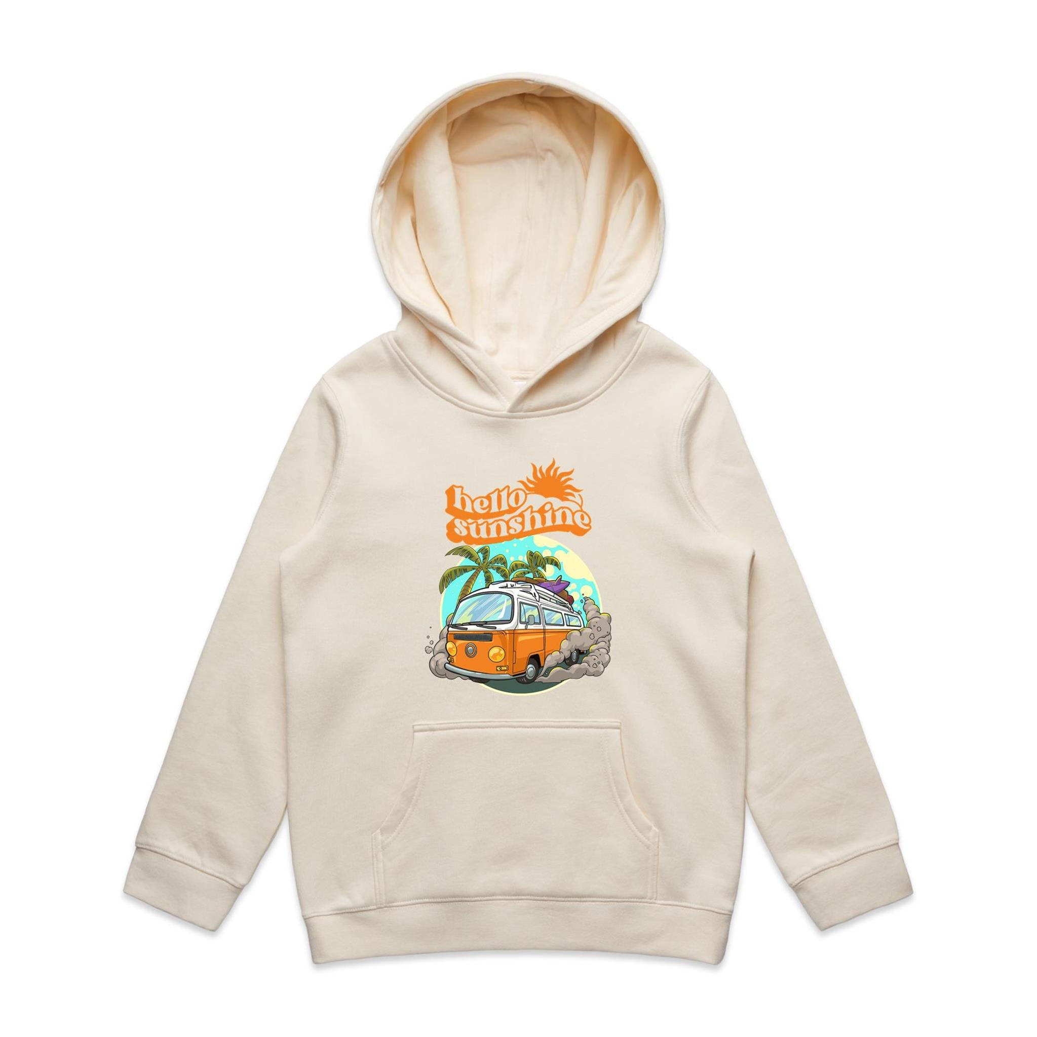 Hello Sunshine, Beach Van - Kids Hoodie Ecru Kids Hoodie Printed In Australia