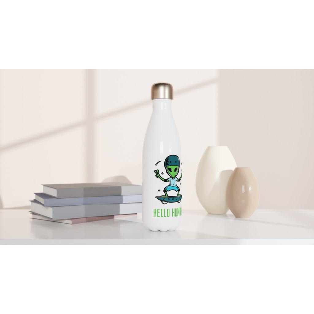 Alien Skateboard, Hello Humans - White 17oz Stainless Steel Water Bottle White Water Bottle Globally Fulfilled Sci Fi