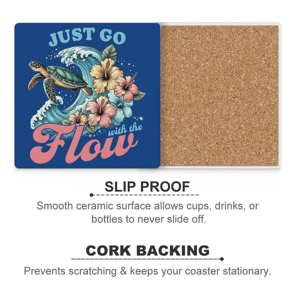 Just Go With The Flow, Turtle - Ceramic Coasters (Square) Ceramic Coasters animal Printed Offshore