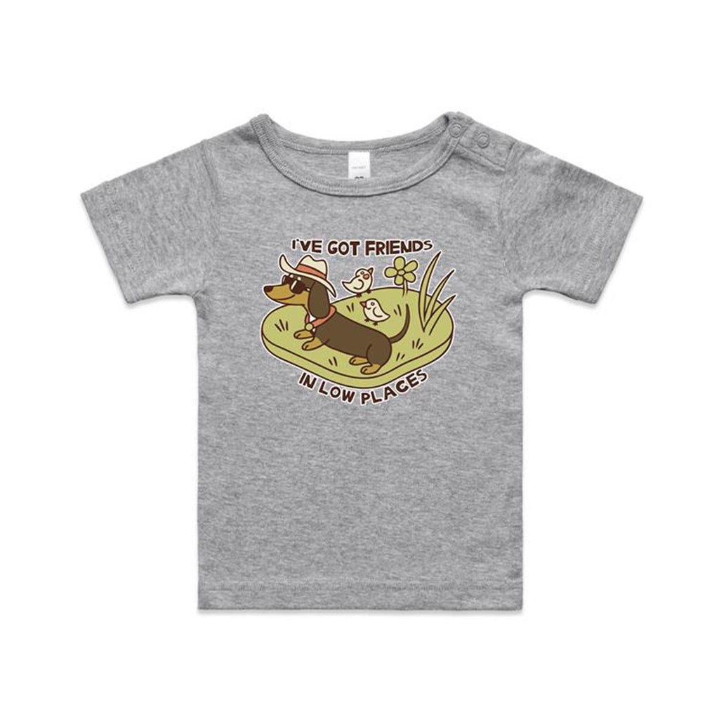 Dachshund, I've Got Friends In Low Places AS Colour Baby T-shirt Grey Marle Baby T-shirt animal Printed In Australia