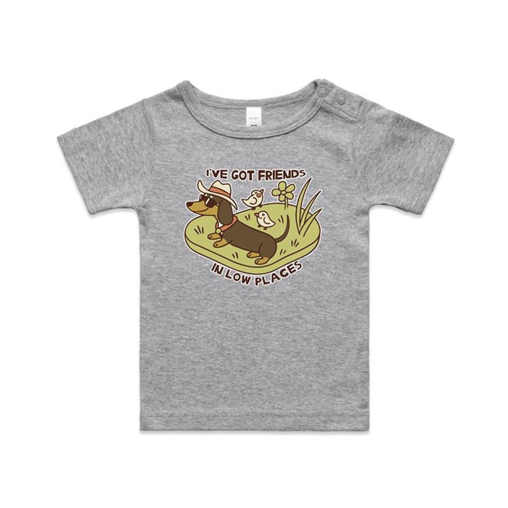Dachshund, I've Got Friends In Low Places AS Colour Baby T-shirt Grey Marle Baby T-shirt animal Printed In Australia
