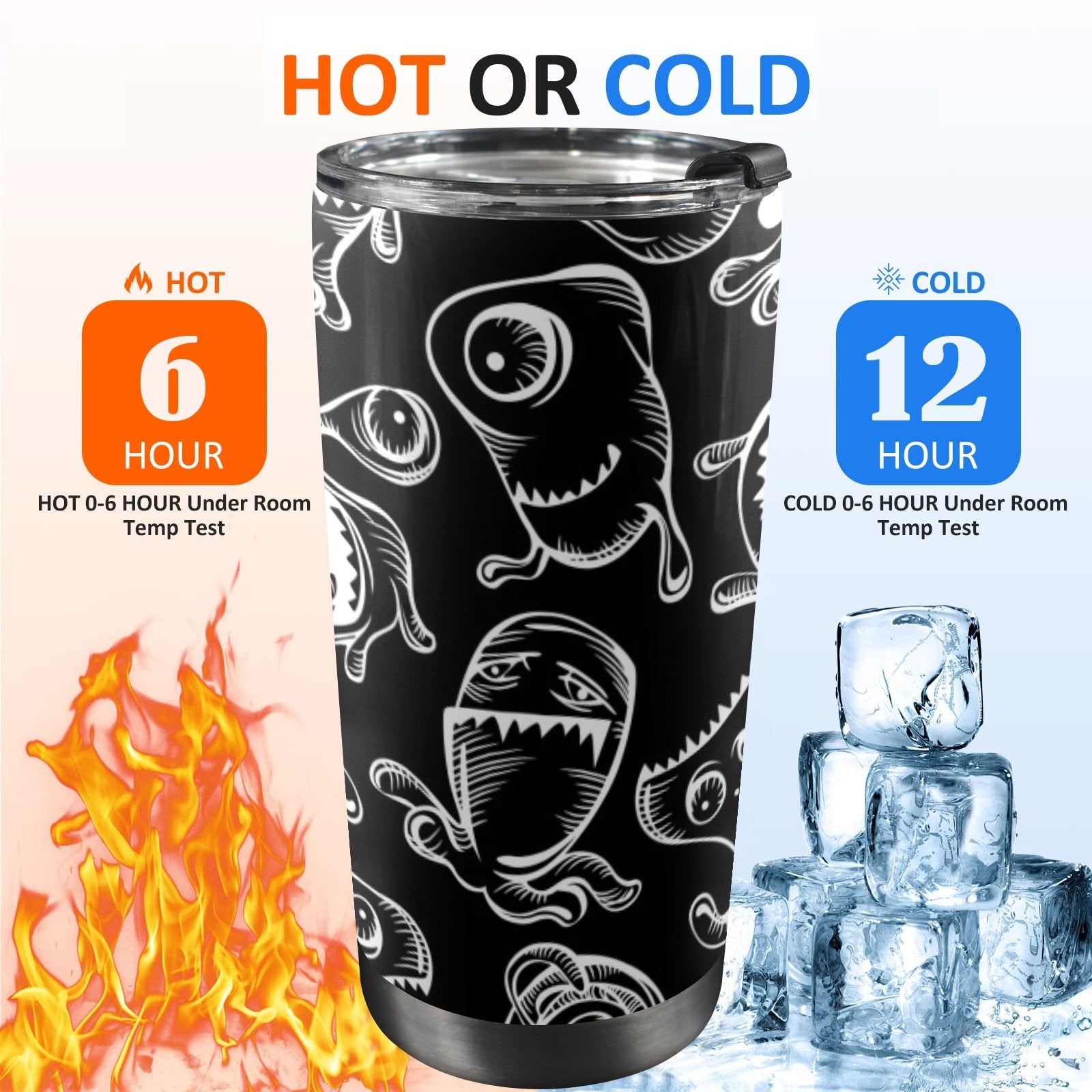 Monsters In Black And White - 20oz Mobile Tumbler with Lid (Black Lock) 20oz Travel Mug Printed Offshore Sci Fi