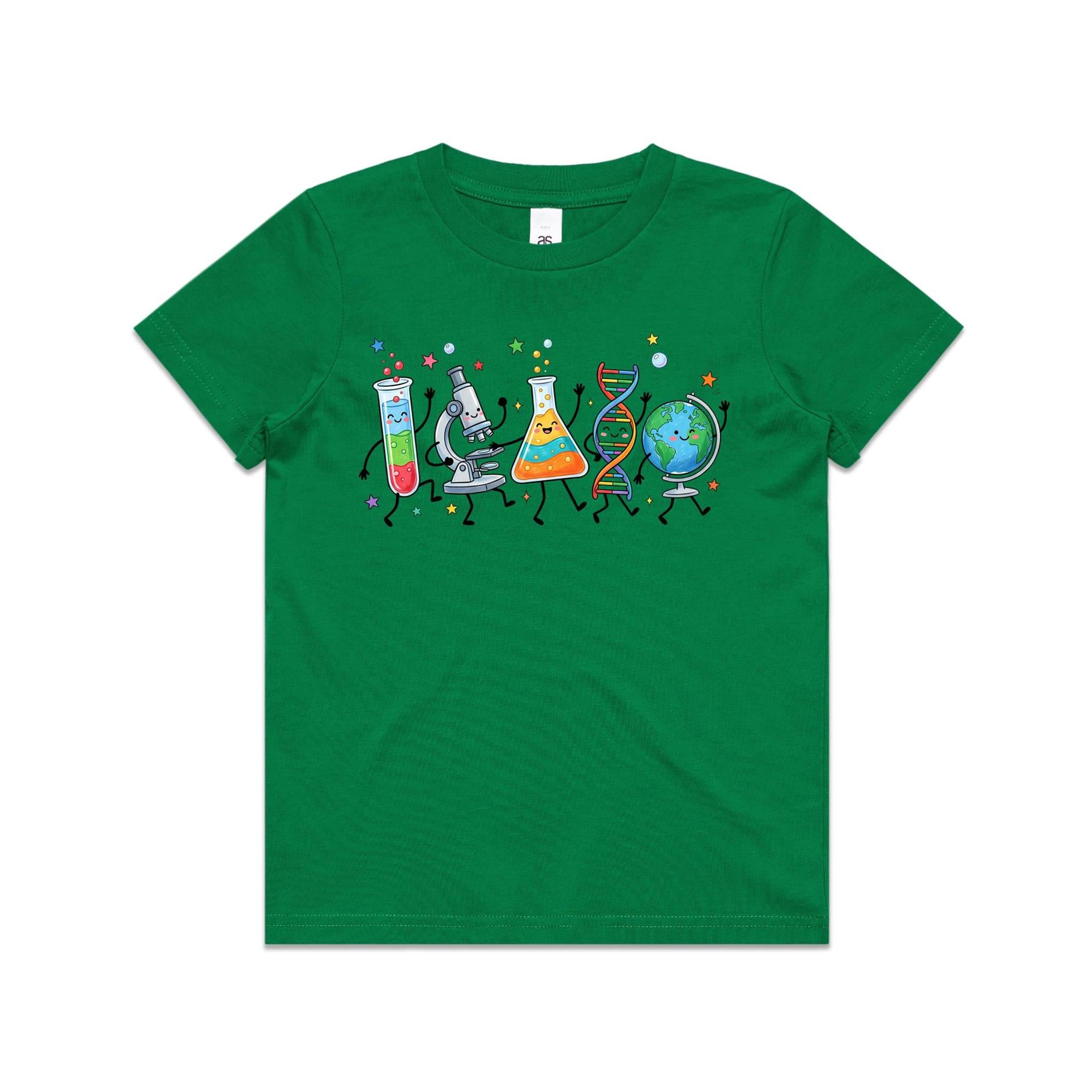Science Characters Kids AS Colour T-shirt Kelly Green Kids Youth T-shirt Printed In Australia Science