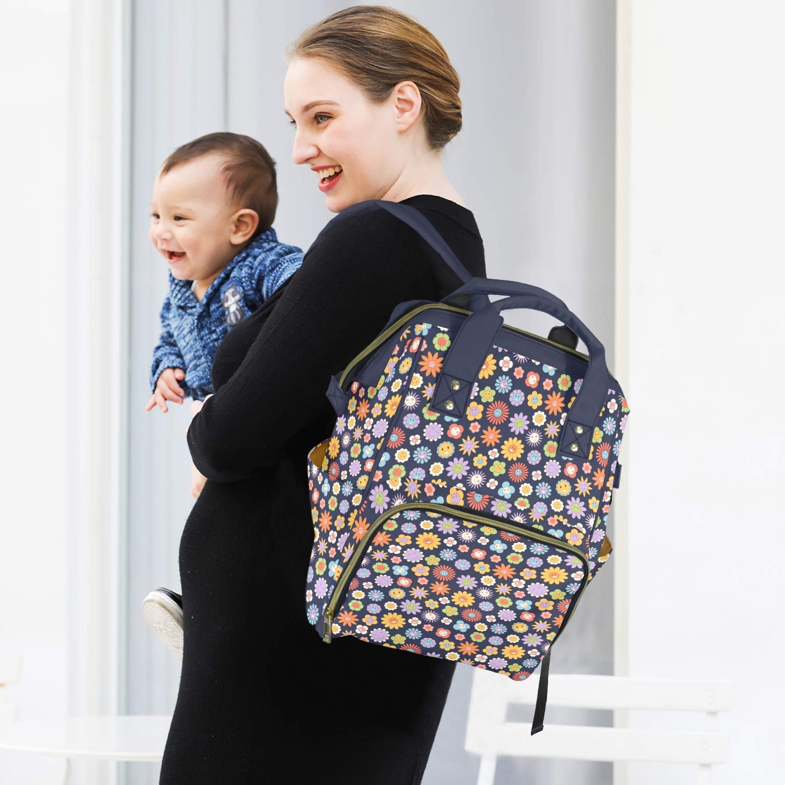 Groovy Flowers Multi-Function Backpack, Nappy / Diaper Bag Multi-function Backpack, Nappy / Diaper Bag Printed Offshore Retro