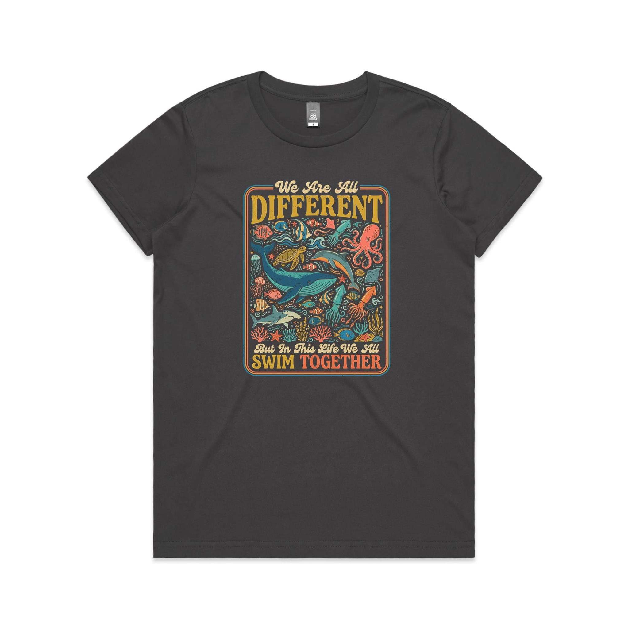 We Are All Different, But We All Swim Together - Women's AS Colour T-shirt Charcoal Womens T-shirt animal Ocean Positivity Printed In Australia