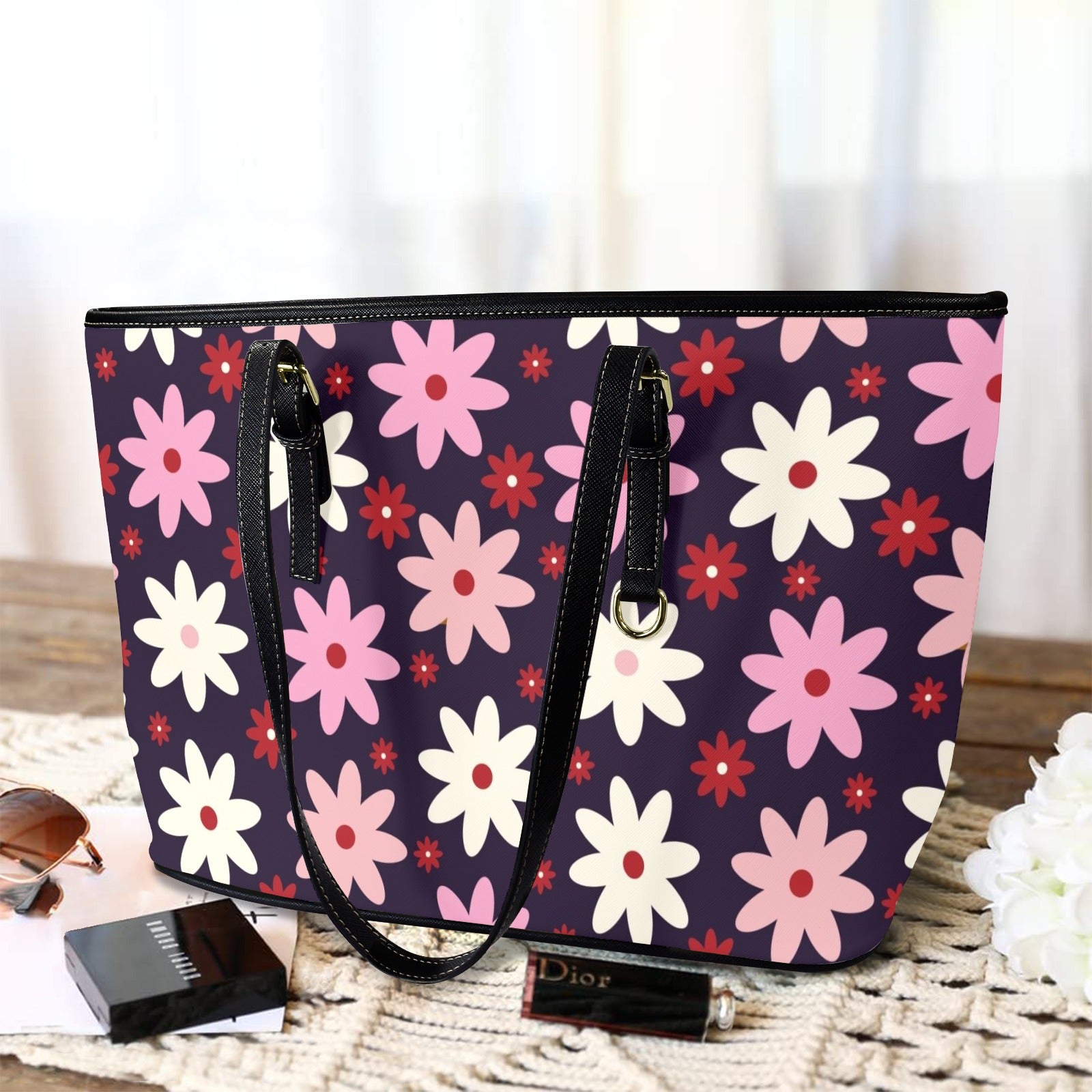Pink Daisy - PU Leather Tote Bag - Large