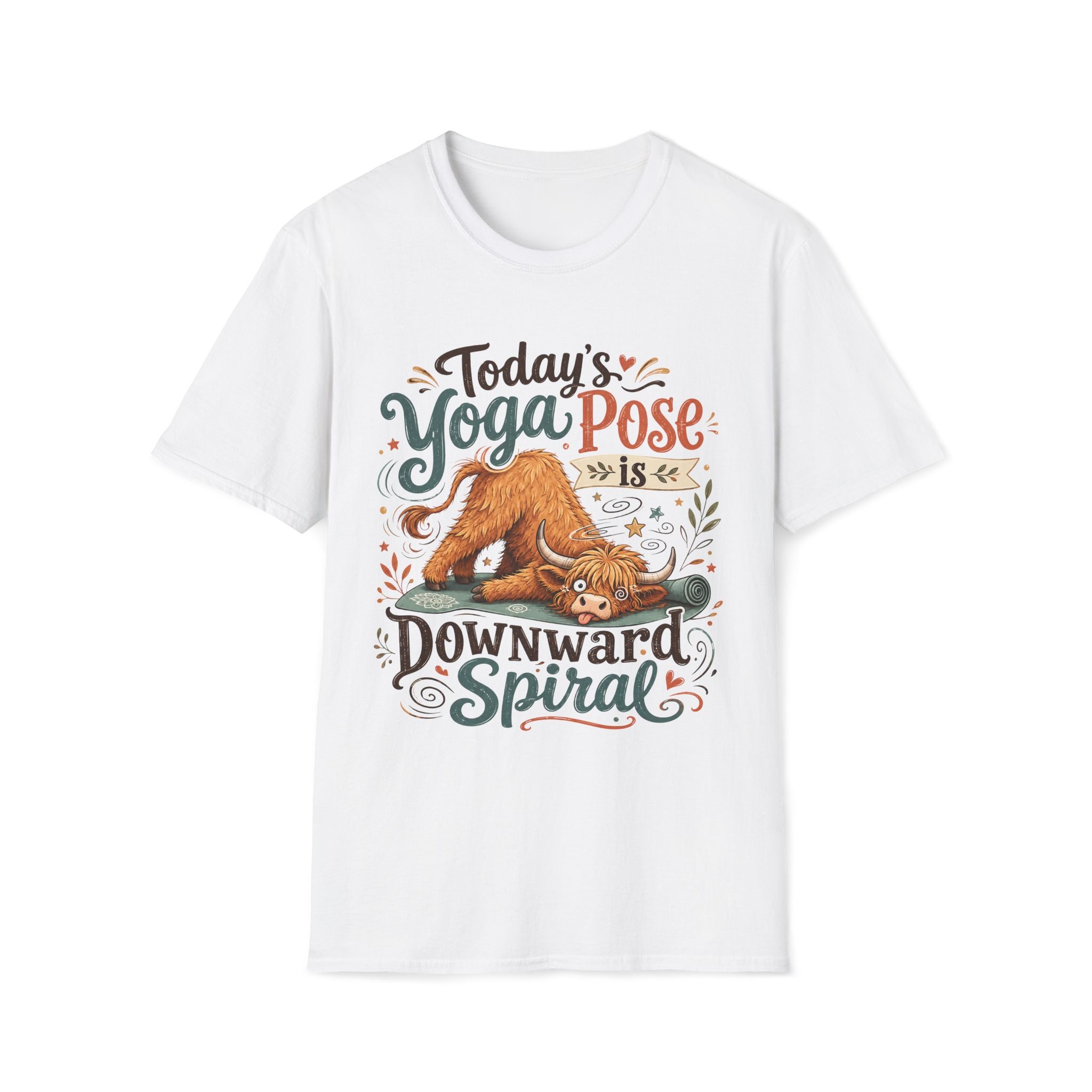 Highland Cow Downward Spiral Yoga Pose Unisex T-Shirt White Unisex Adult T-shirt animal Fitness Globally Fulfilled