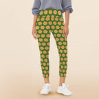 Yellow Flowers On Green Women's High Waist Pockets Yoga Leggings