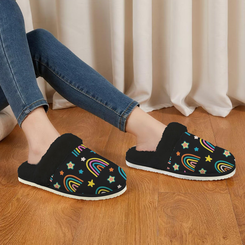 Rainbows Women's Fur Trim Thick-Sole Indoor Slippers Women's Fur Trimmed Slippers Printed Offshore