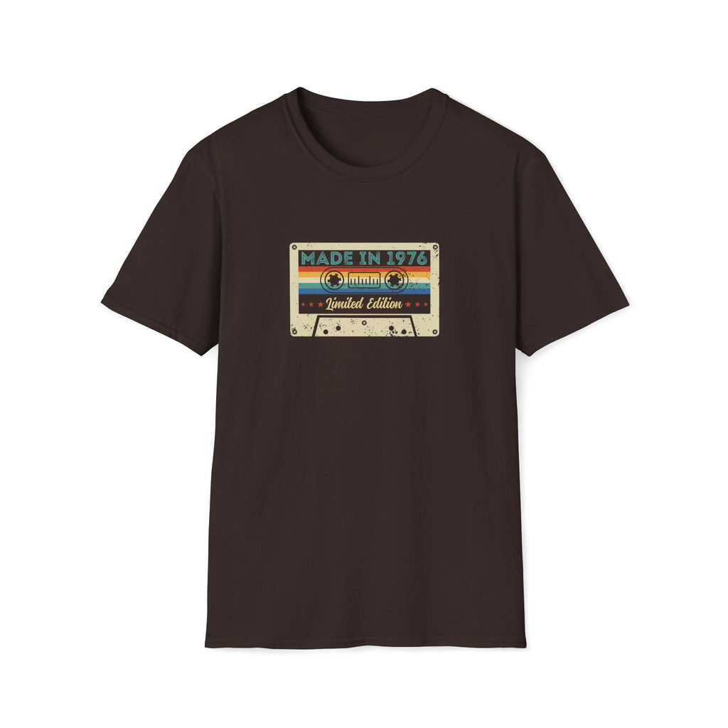 Turning 50, Made in 1976 Cassette Tape Unisex T-Shirt Dark Chocolate Unisex Adult T-shirt Birthday Globally Fulfilled