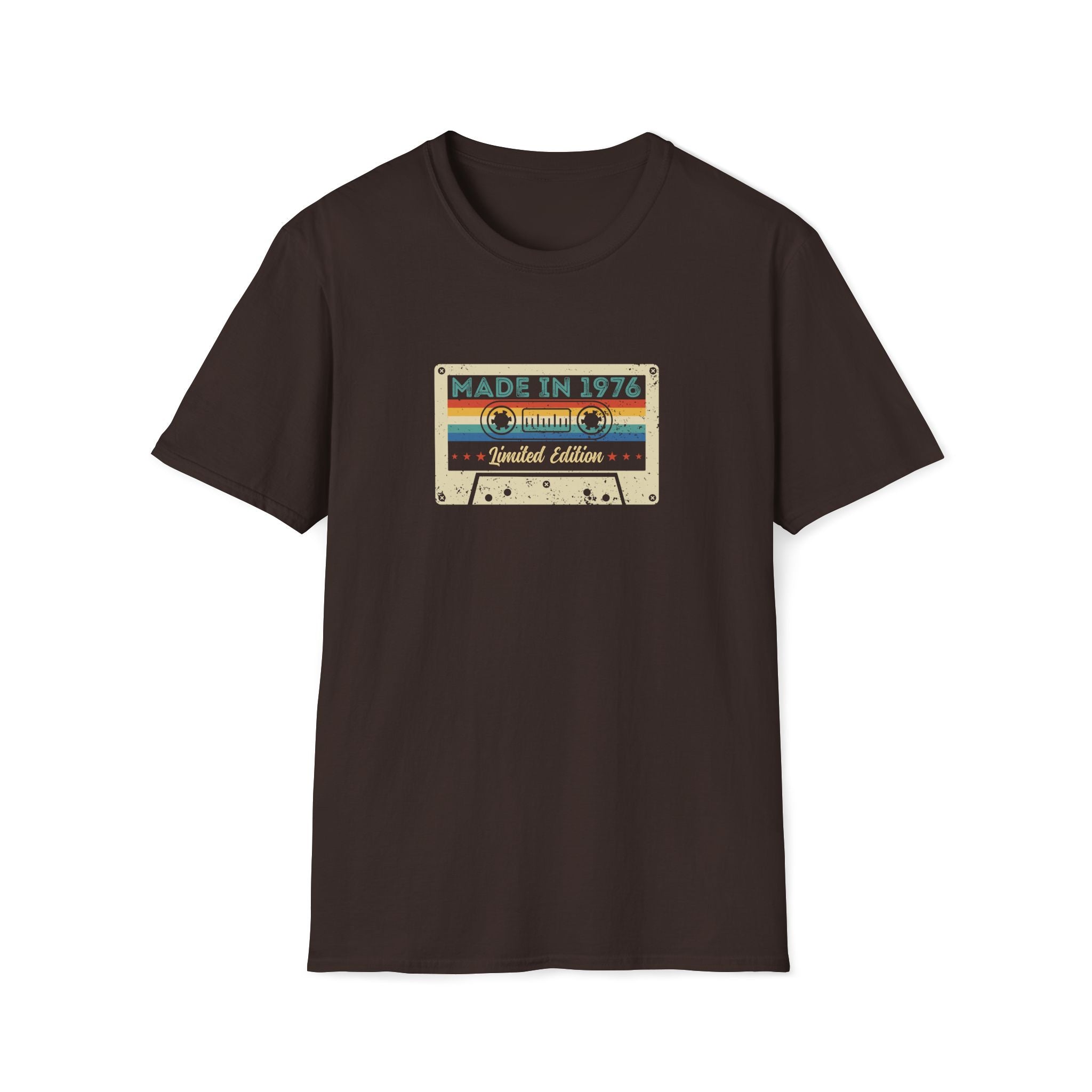 Turning 50, Made in 1976 Cassette Tape Unisex T-Shirt Dark Chocolate Unisex Adult T-shirt Birthday Globally Fulfilled